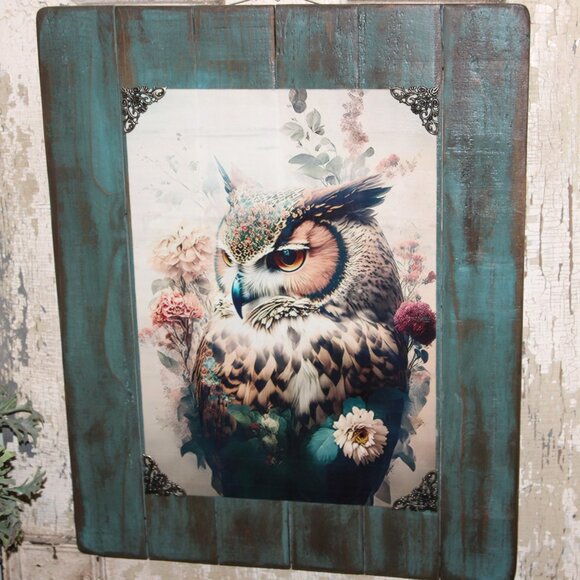 NEW Lrg Rustic Distressed Eclectic Owl & Floral BOHO Farmhouse Wall Decor Art - Picture 5 of 6